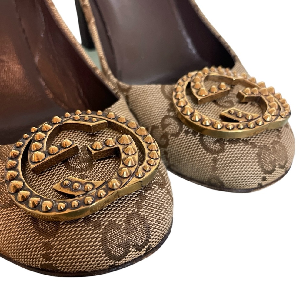 GUCCI Canvas Supreme Interlocking GG Logo Studded Block Heel Pumps \\ 36.5 - Picture 12 of 13
